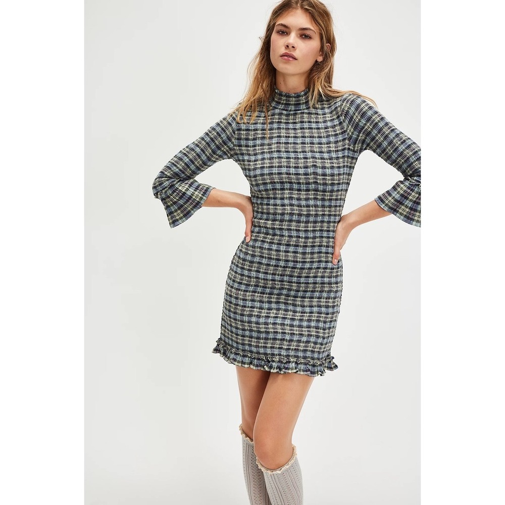 Free People Plaid Mini Dress Mock Neck Ruffle Bell Sleeve XS NWT